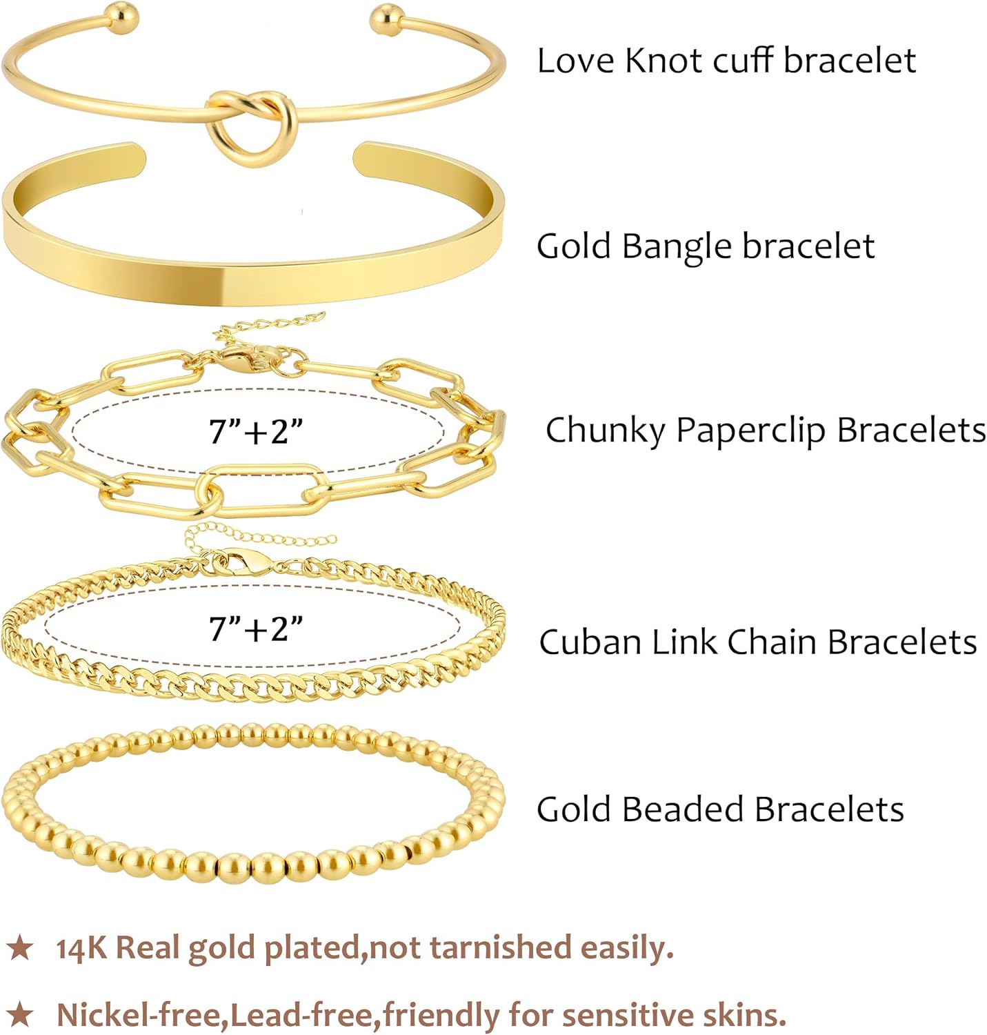 14K Gold Plated Bangle Cuff Bracelet Set for Women Bracelet Stack Adjustable Tennis/Beaded/Paperclip/Cuban Link Chain Bracelets Jewelry - Image 3
