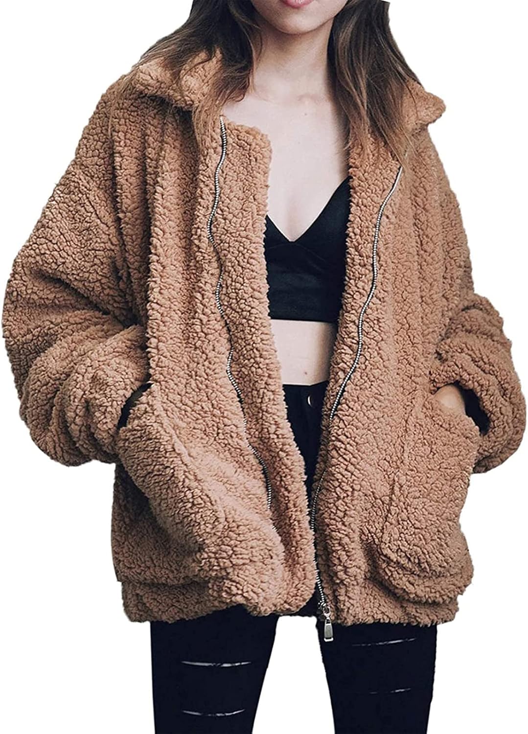 Women's Coat Casual Lapel Fleece Fuzzy Faux Shearling Zipper Coats Warm Winter Oversized Outwear Jackets