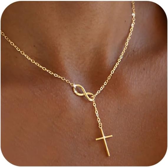 Gold Necklace for Women, Dainty Infinity Cross Pendant Necklace, Non Tarnish & Waterproof Jewelry for Everyday Wear, Simple Trendy Choker Minimalist Jewelry, Faith Christian Cross Gifts